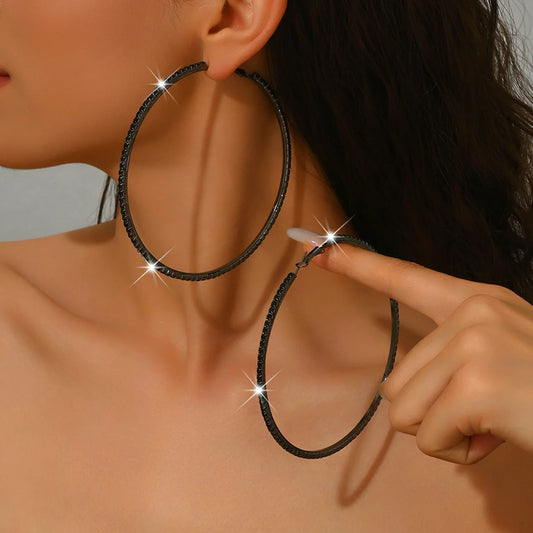Rhinestones Shiny Crystal Big Round Hoop Earrings