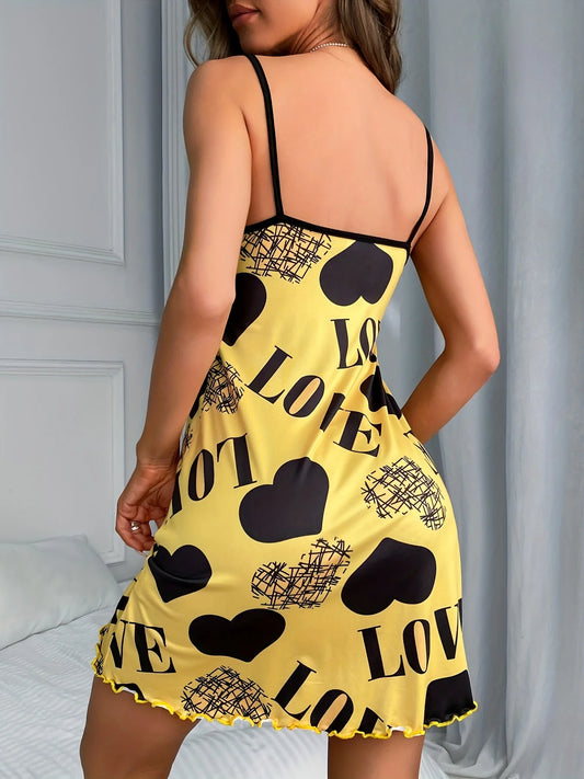 Love Heart Print Satin Sleepwear Dress