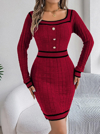 Elegant Square Collar Button Long Sleeve Dress
