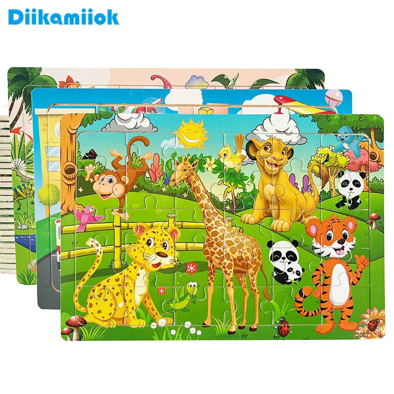 30 Pieces Wooden Jigsaw Puzzle Kids Cartoon Animal Puzzles Toys