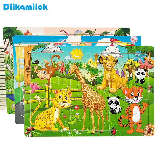 30 Pieces Wooden Jigsaw Puzzle Kids Cartoon Animal Puzzles Toys
