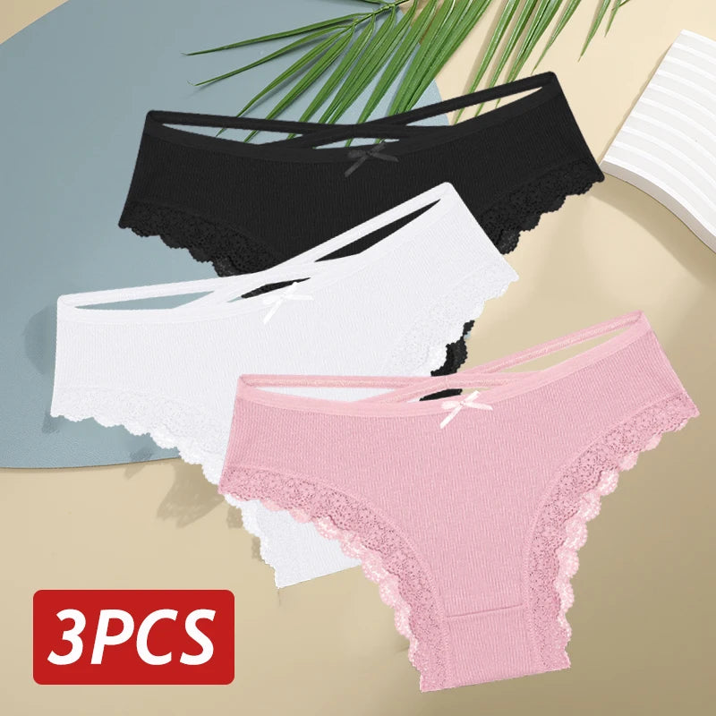 3PCS/Set Cotton Sexy Low Rise Lace Brazilian Panties S-XL