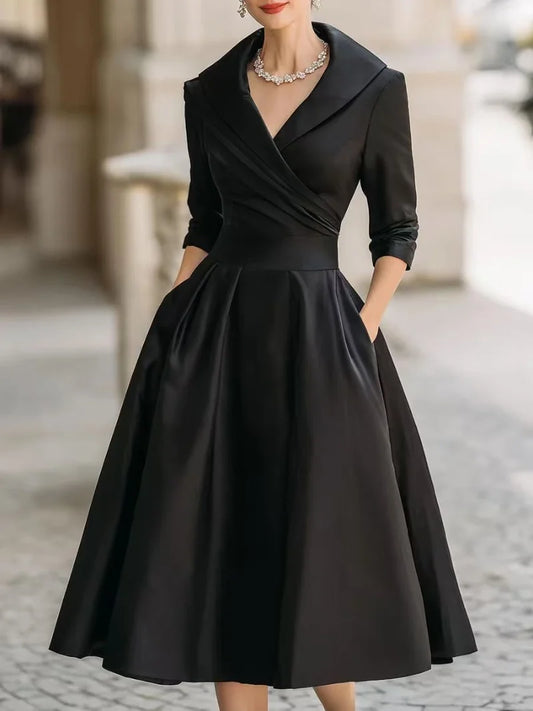 Vintage V Neck Long Sleeve Wrap Waist A Line Midi Dress