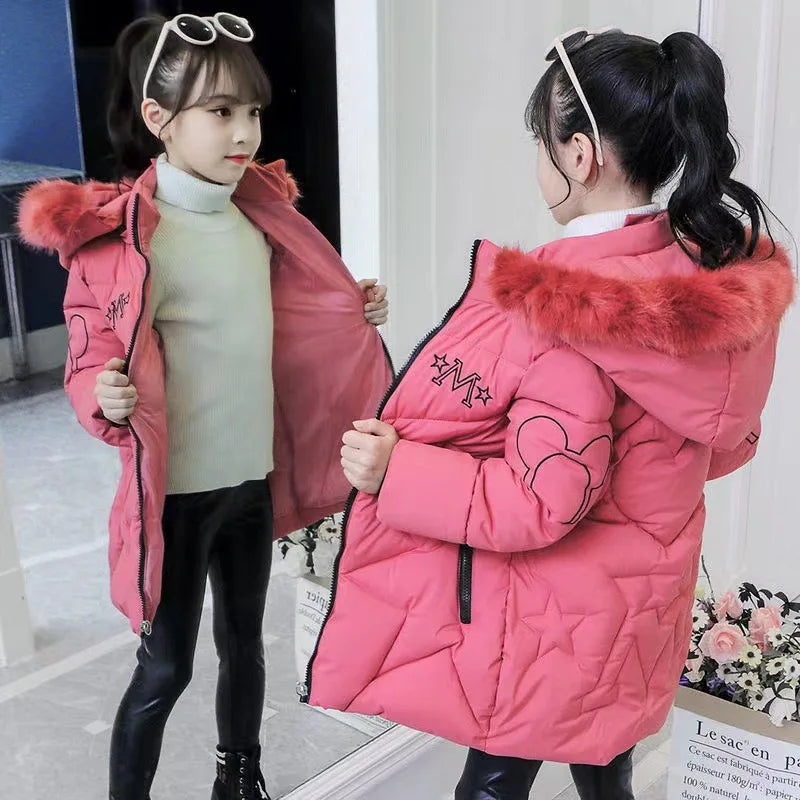 3-12 Years Winter Long Style Letter Velvet Hooded Thick Coat