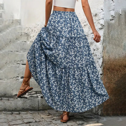 High Waist Floral Print  Maxi Skirt Long Ruffle Boho Skirt