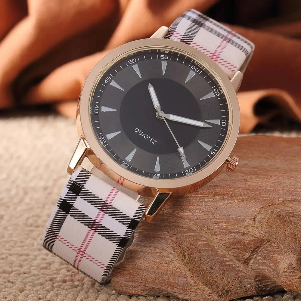 Vintage Plaid Leather Strap Quartz Wristwatches Watch