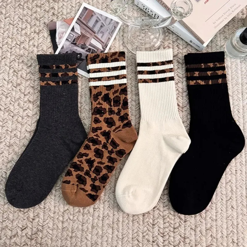4 Pairs Leopard Cotton Sports Socks