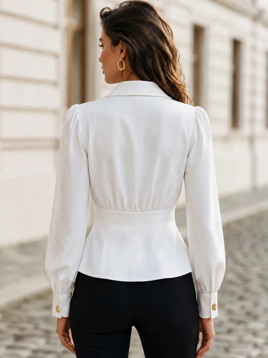 Long Sleeve Turn Down Collar White Balck Shirt Blouse