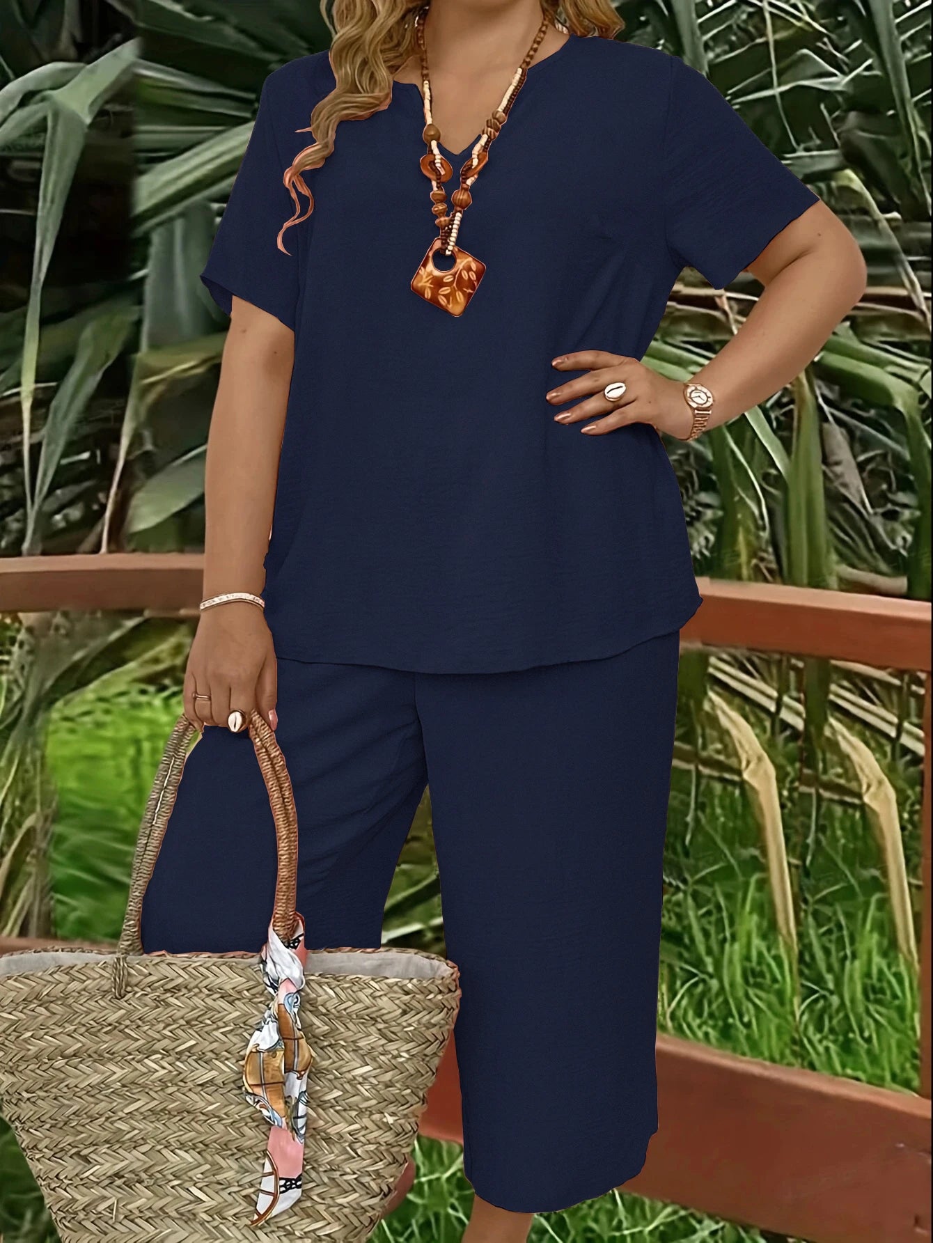 Plus size casual elegant short-sleeved top and wide-leg pants