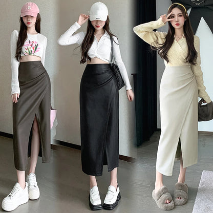 Autumn Winter Front Split PU Leather Long Skirts
