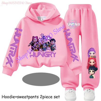 Hooded Mira Rumi Zoey  Girl Cute Casual Sports Cartoon Sweater Set