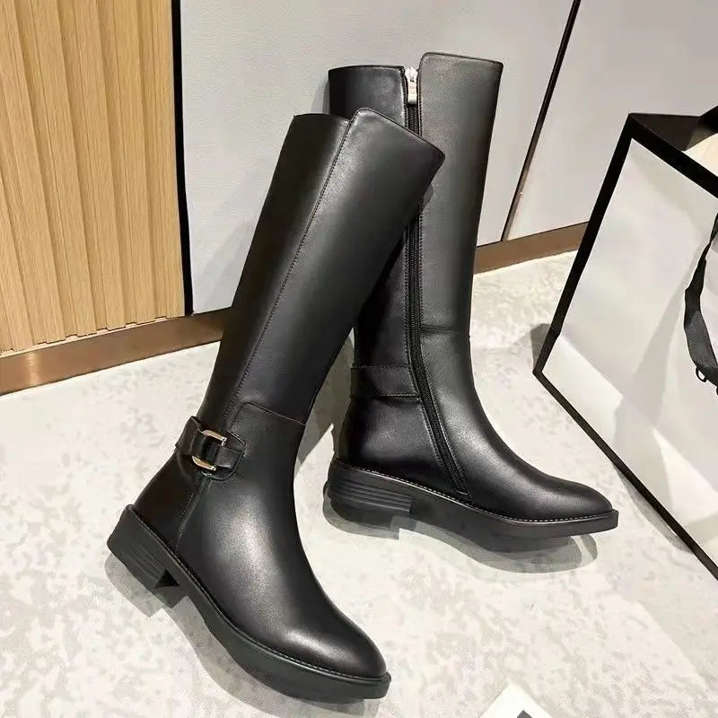 Leather Knee Metal Buckle Boots