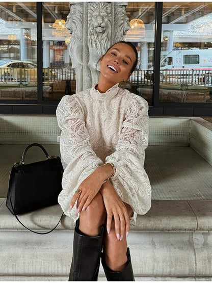 Flared Sleeve High Neck Slim Mini Dress