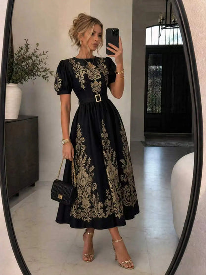 Vintage Gold Floral Print Maxi Short Puff Sleeve Long Dress
