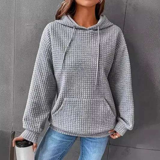 Waffle Hooded Drawstring Loose Sweatshirt