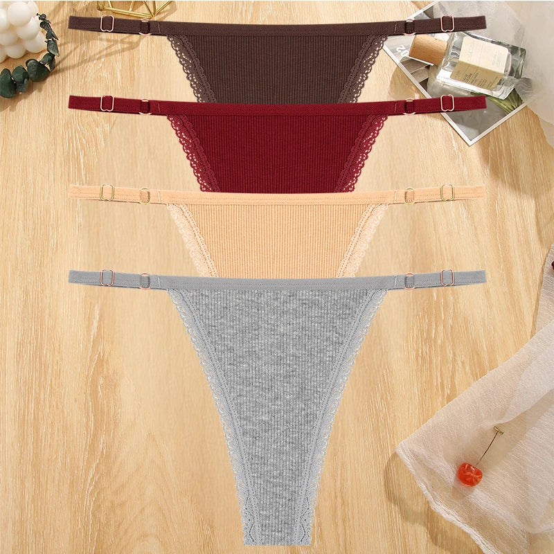 4Pc G-String Cotton Lace Thongs Lingerie Low Rise Straps Hipster