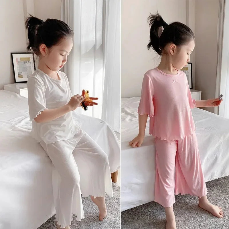 Girls Ice Silk Thin Pajamas Outfit Set