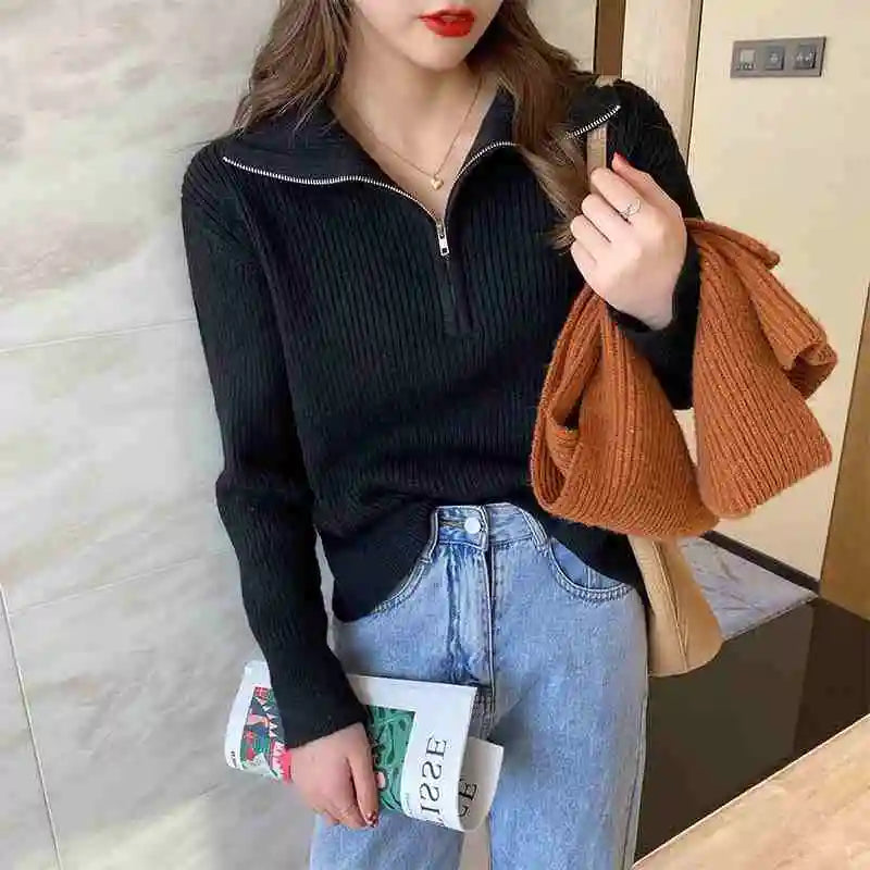 Knitted Long Sleeve Turn Down Collar Knit Sweater Pullover