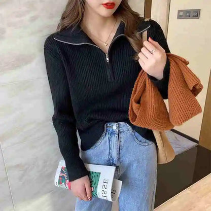 Knitted Long Sleeve Turn Down Collar Knit Sweater Pullover