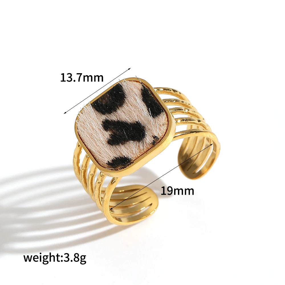 Stainless Steel Retro Geometric Leopard Pattern Adjustable 18K Gold Rings