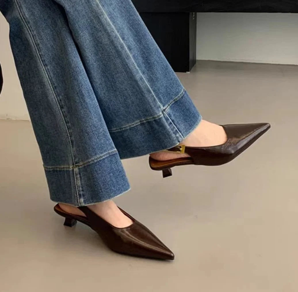 Shallow Slip on Elegant Slingback Thin Med Heel Shoes