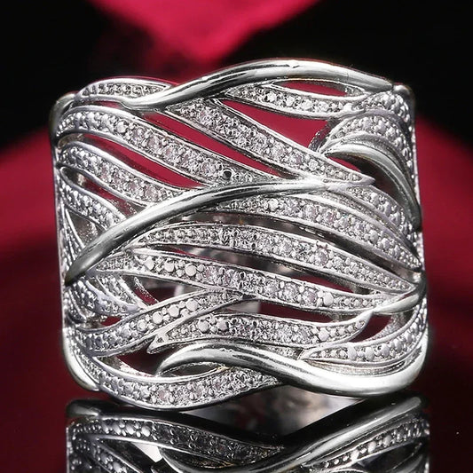 Huitan Hollow Luxury Inlaid Sparkling Cubic Zirconia Ring