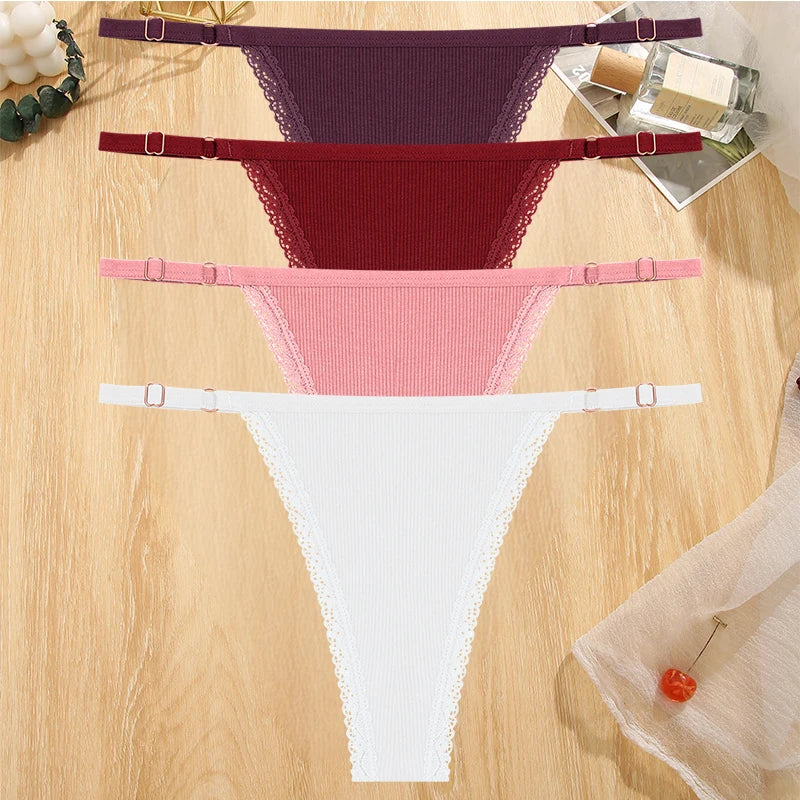 4Pc G-String Cotton Lace Thongs Lingerie Low Rise Straps Hipster
