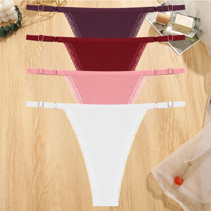 4Pc G-String Cotton Lace Thongs Lingerie Low Rise Straps Hipster