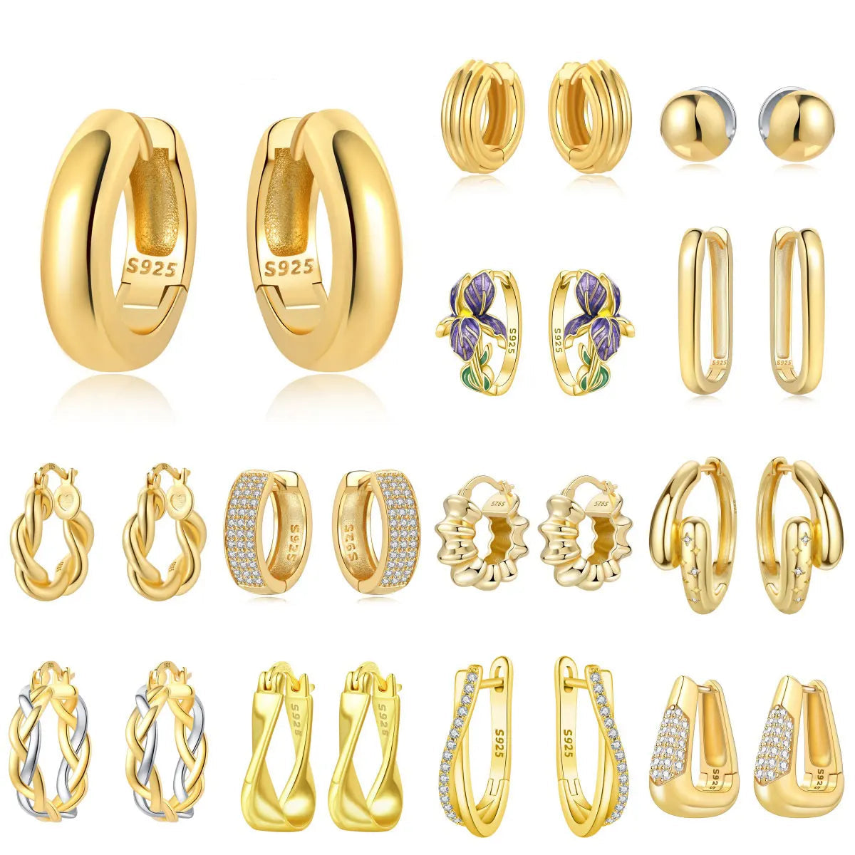 S925 Sterling Silver Zircon 18K Gold Lining Vintage Hoop Earrings