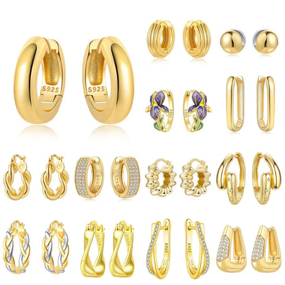 S925 Sterling Silver Zircon 18K Gold Lining Vintage Hoop Earrings