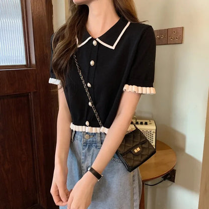 Korean Knitted Turn Down Collar Blouse