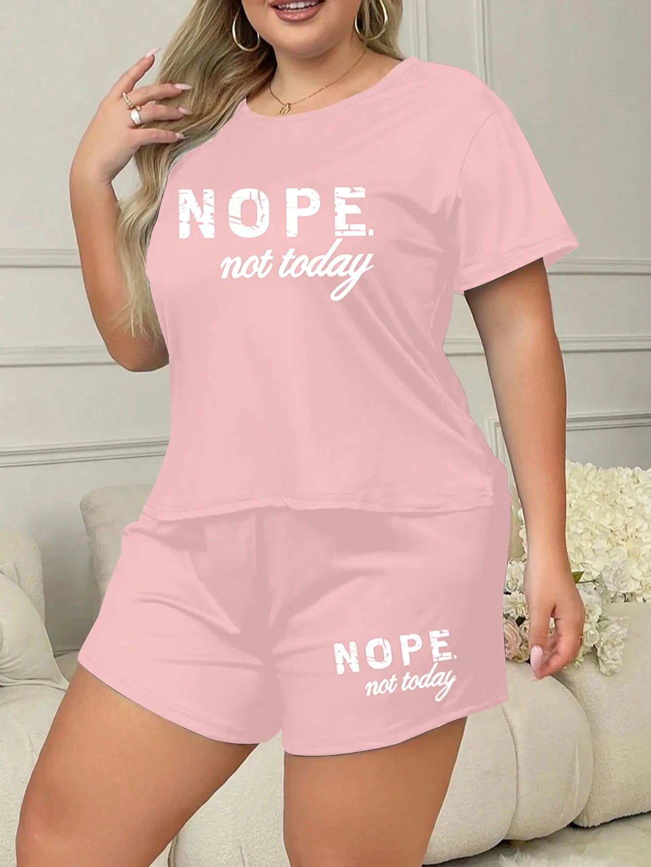 Letters Print Short Sleeve Tee And Elastic Shorts Plus Size Fit Pajama Set