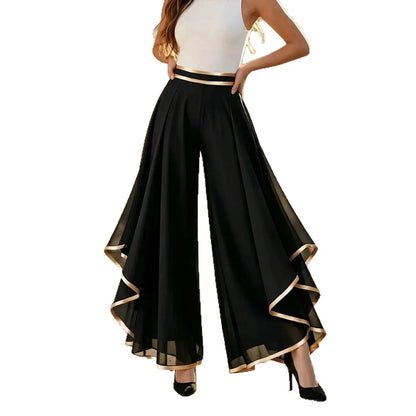 Spliced Rolled Hem Layered Chiffon Wide-Leg Pants