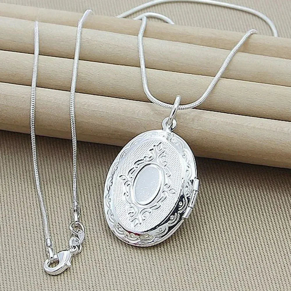 925 Sterling Silver Oval Round Photo Frame Necklace