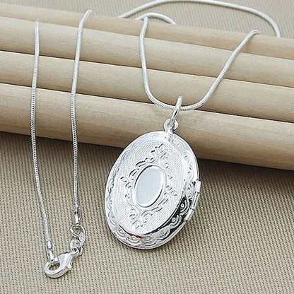 925 Sterling Silver Oval Round Photo Frame Necklace
