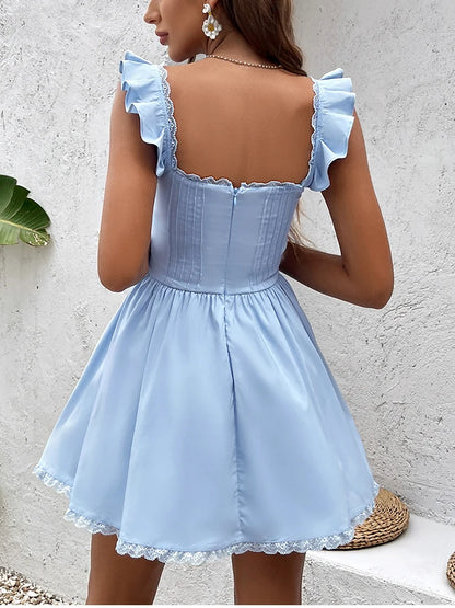 Sexy Square-neck Mini Y2K Elegant Ruffles Sleeveless Slim Dress