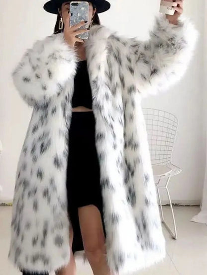 Faux Fur Long Warm White Leopard Print Long Sleeve Lapel Fox Fur Coat