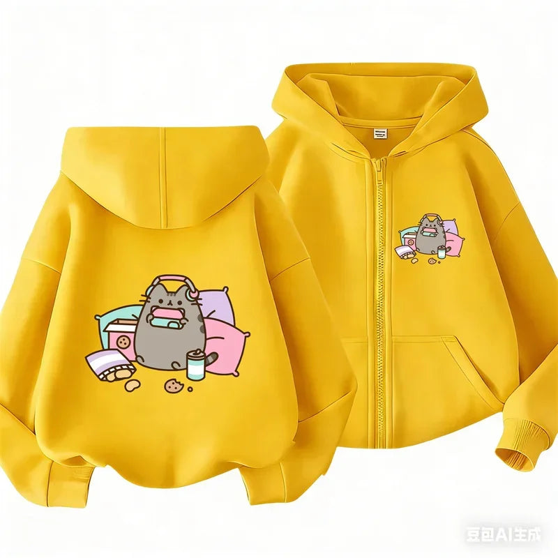 Cozy Pusheen Cat With Headphones Snacks Hoodie Long Sleeve Lovely Cartoon
