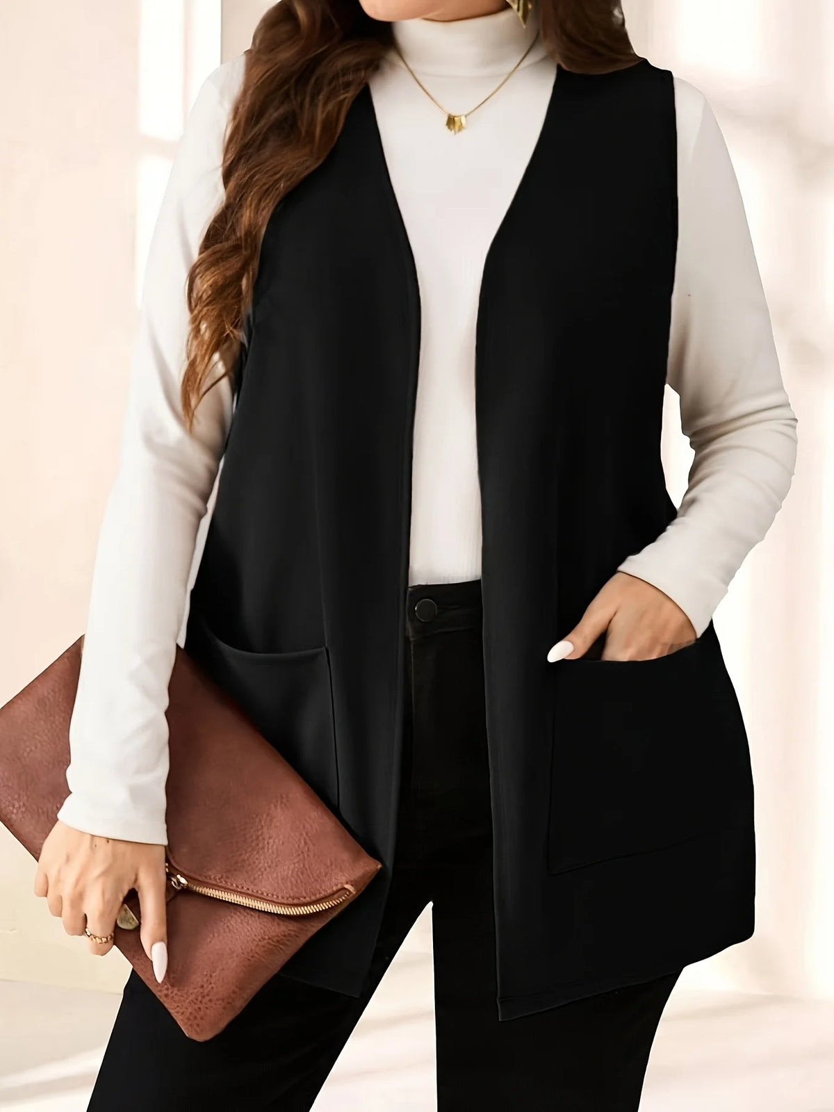 Plus Size Elegant Open-Front Cardigan Vest Jacket
