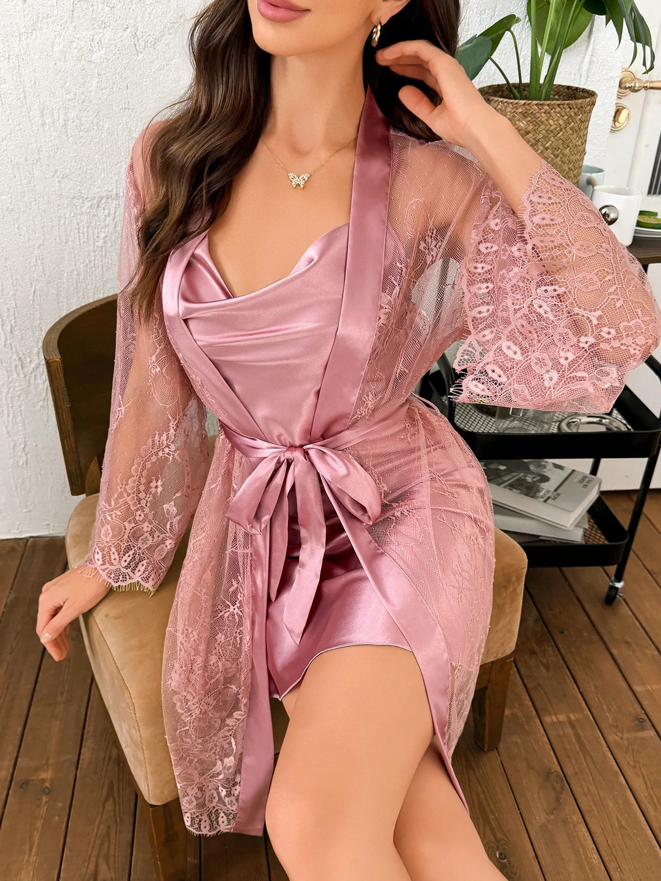 Polyester nightgown lace see-through robe set