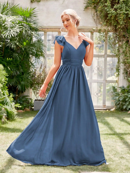 Mgiacy V-neck cap sleeve ruffle lace Extra long evening gown Ball dress
