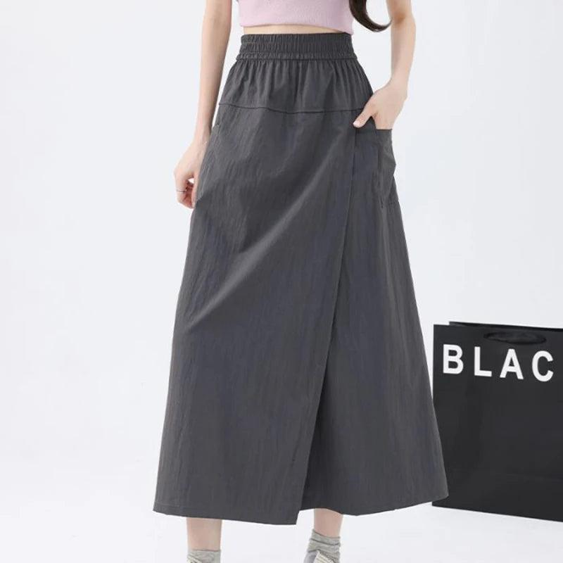Loose Fit Thin Pants High Waist Slit Korean Midi Cargo skirt