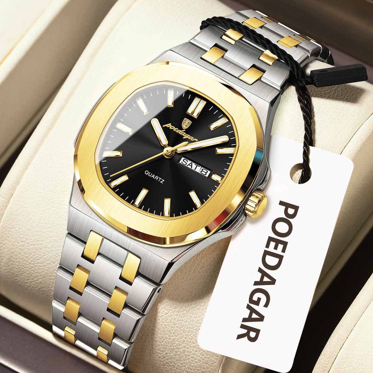 Square Date Week Waterproof Luminous Stainless Steel Quartz Watches