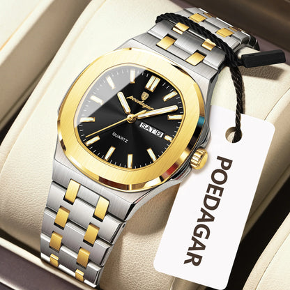 Square Date Week Waterproof Luminous Stainless Steel Quartz Watches