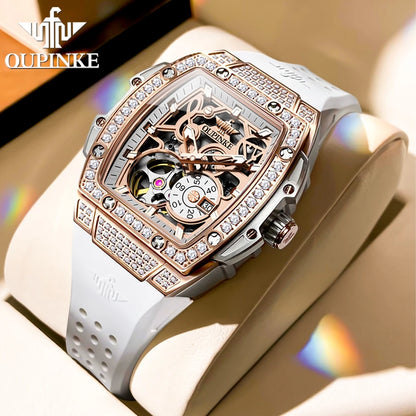 Luxury Skeleton Flywheel Tonneau Dial Automatic Mechanical Diamond Watch