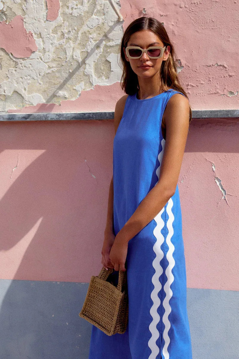Summer Loose Casual O-neck Sleeveless Split Vintage Midi Dress