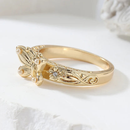Gorgeous Hand Carved Butterfly Flower Gold Metal Geometry Rings