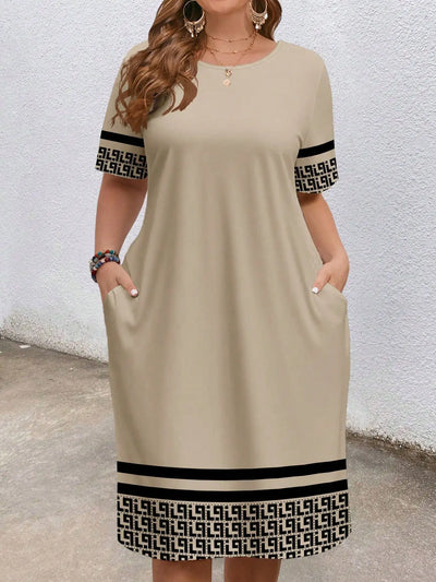 Plus-size short-sleeved round-neck pocket geometric dress