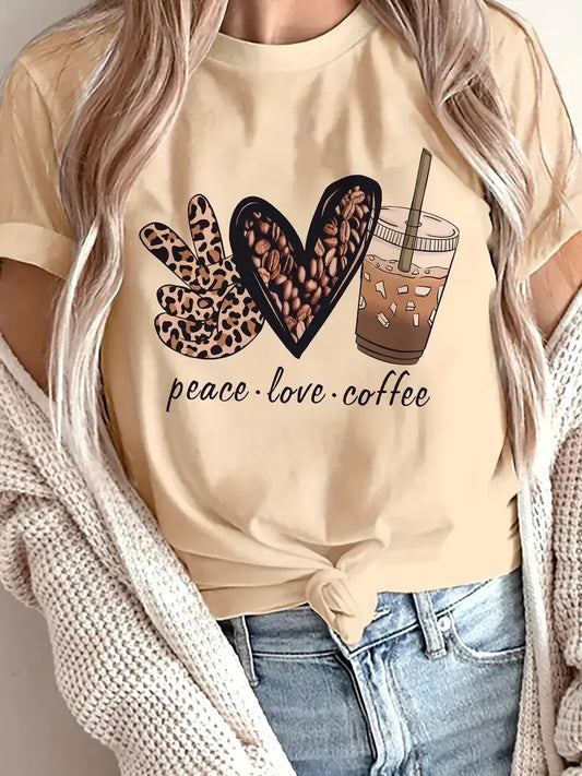 Casual Short Sleeve Peace Love Coffee Graphic Shirt