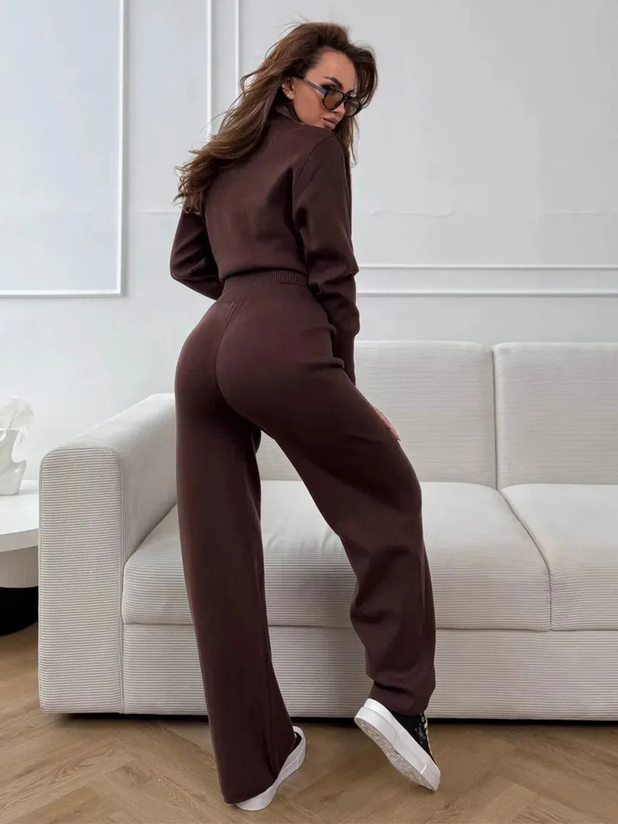 Knit Zip Up Cardigan Wide Leg Soft Fabric Cropped Sets
